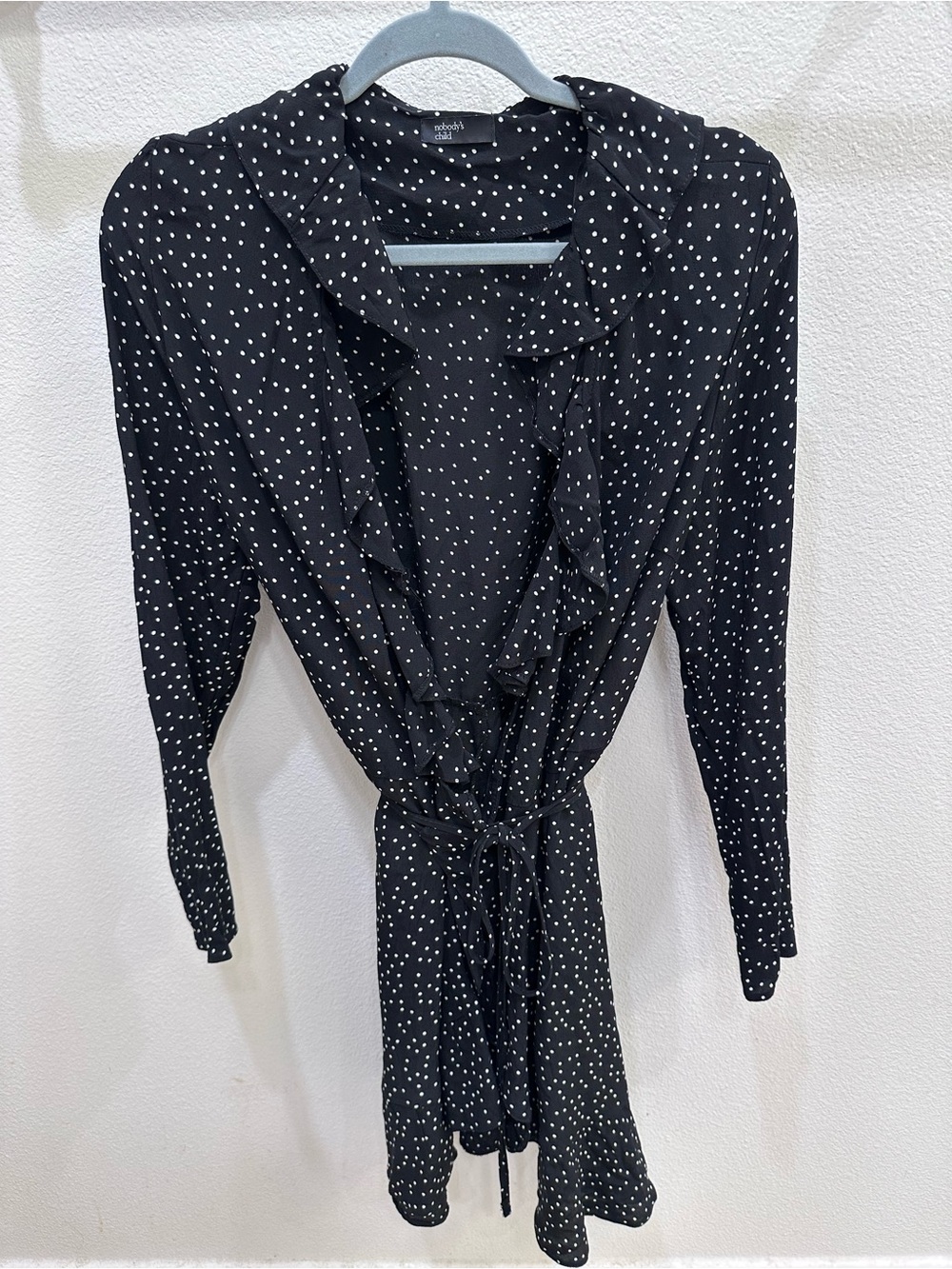 Black Polka Dot Ruffle Tie-Waist Long Sleeve Dress